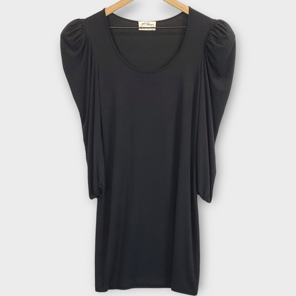 Torn by Ronny Kobo Black Puff Shoulder Mini T Shirt Dress